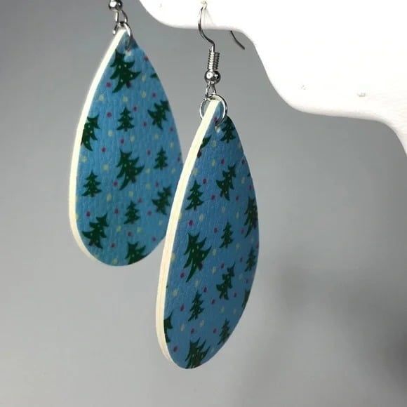 Leather Christmas Tree Teardrop Earrings Lgt Blue - Picture 2 of 5